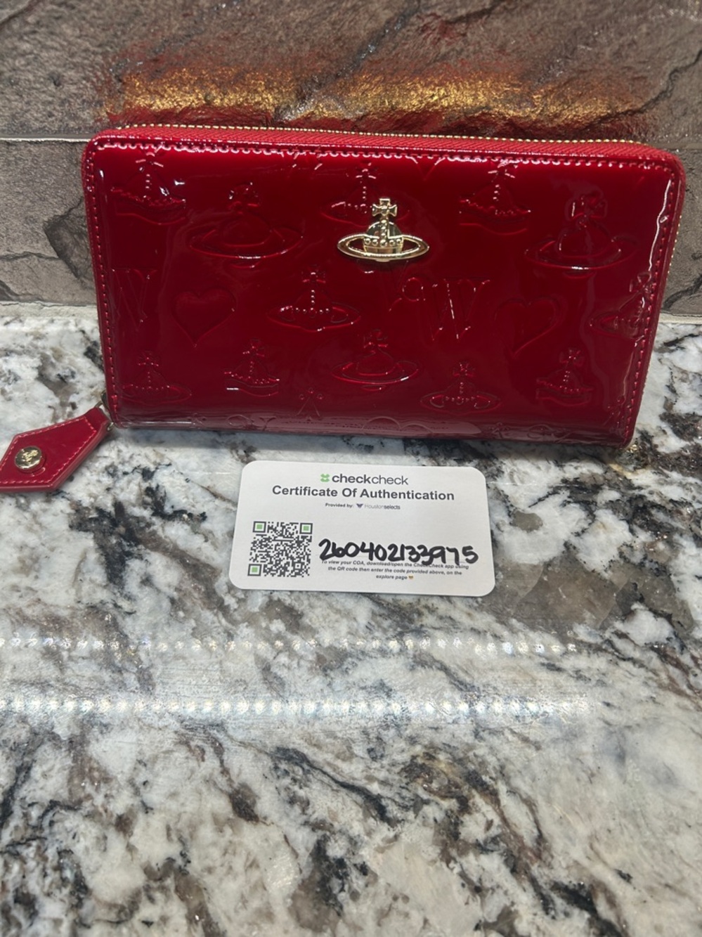 Vivienne Westwood Red Patent Zip-Around Wallet with Gold Orb COA NWOT